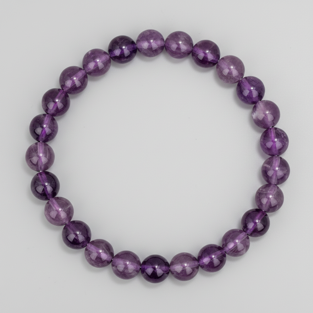 Amethyst crystal beaded bracelet on a light gray background