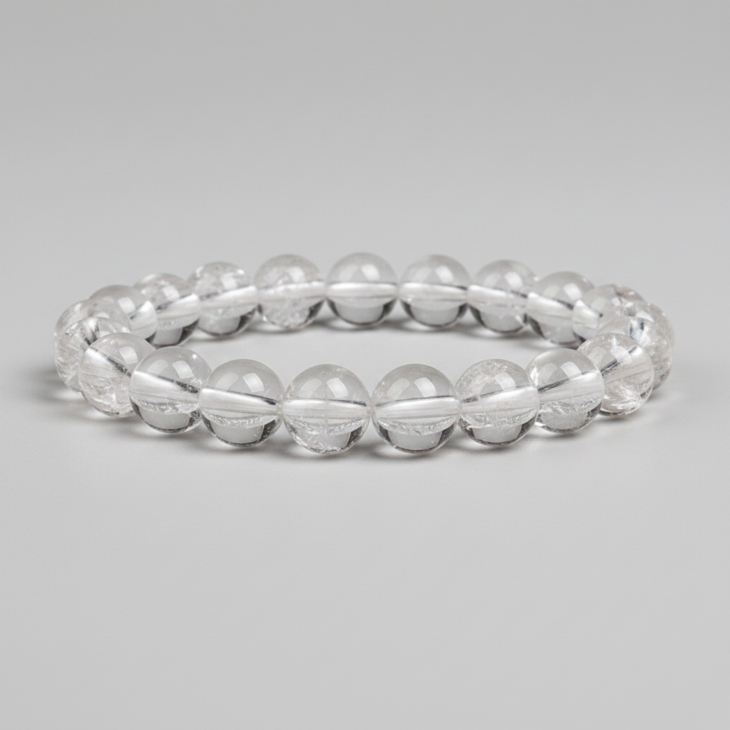Clear quartz bracelet on a gray background