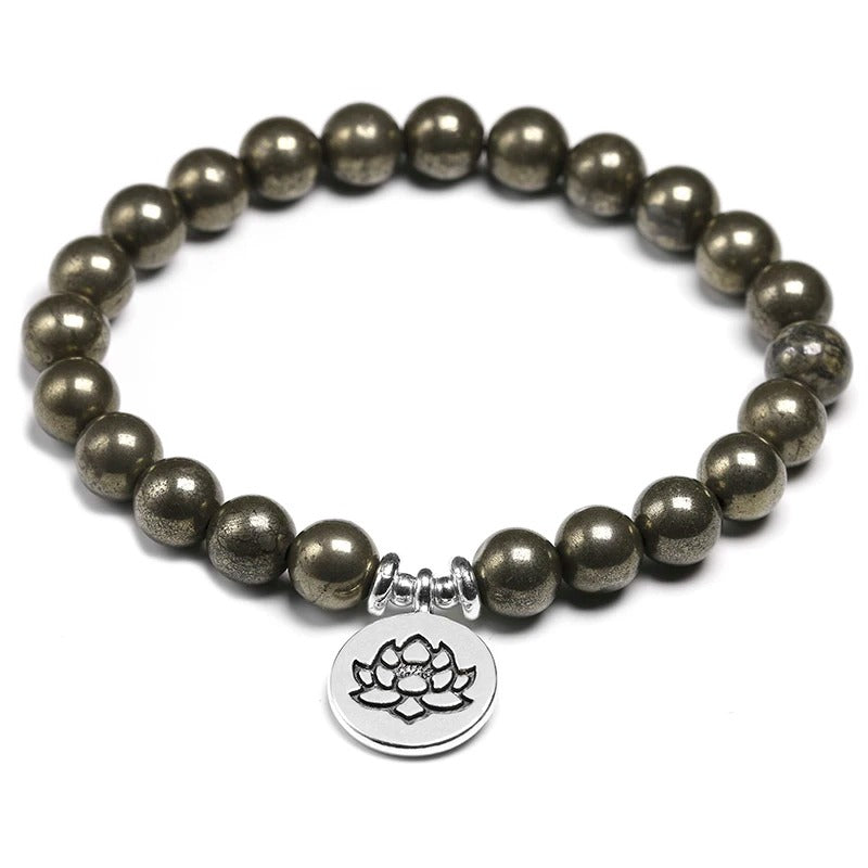 Pyrite Bracelet - Round Beads with Lotus Charm