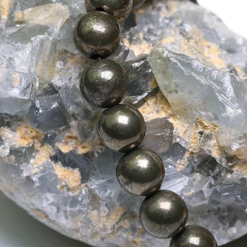 Pyrite Bracelet - Round Beads with Lotus Charm