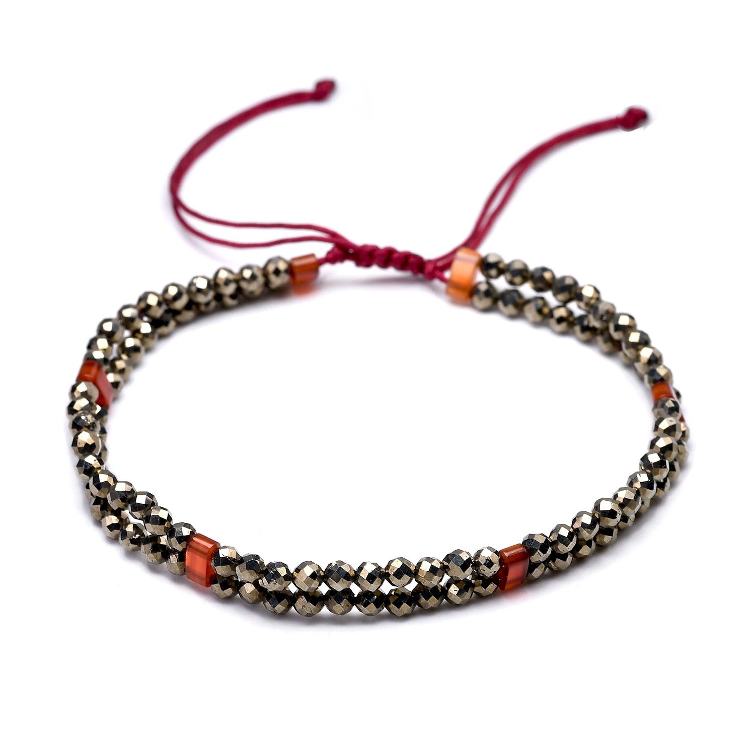 Pyrite Bracelet - Adjustable Double Strand with Red Carnelian