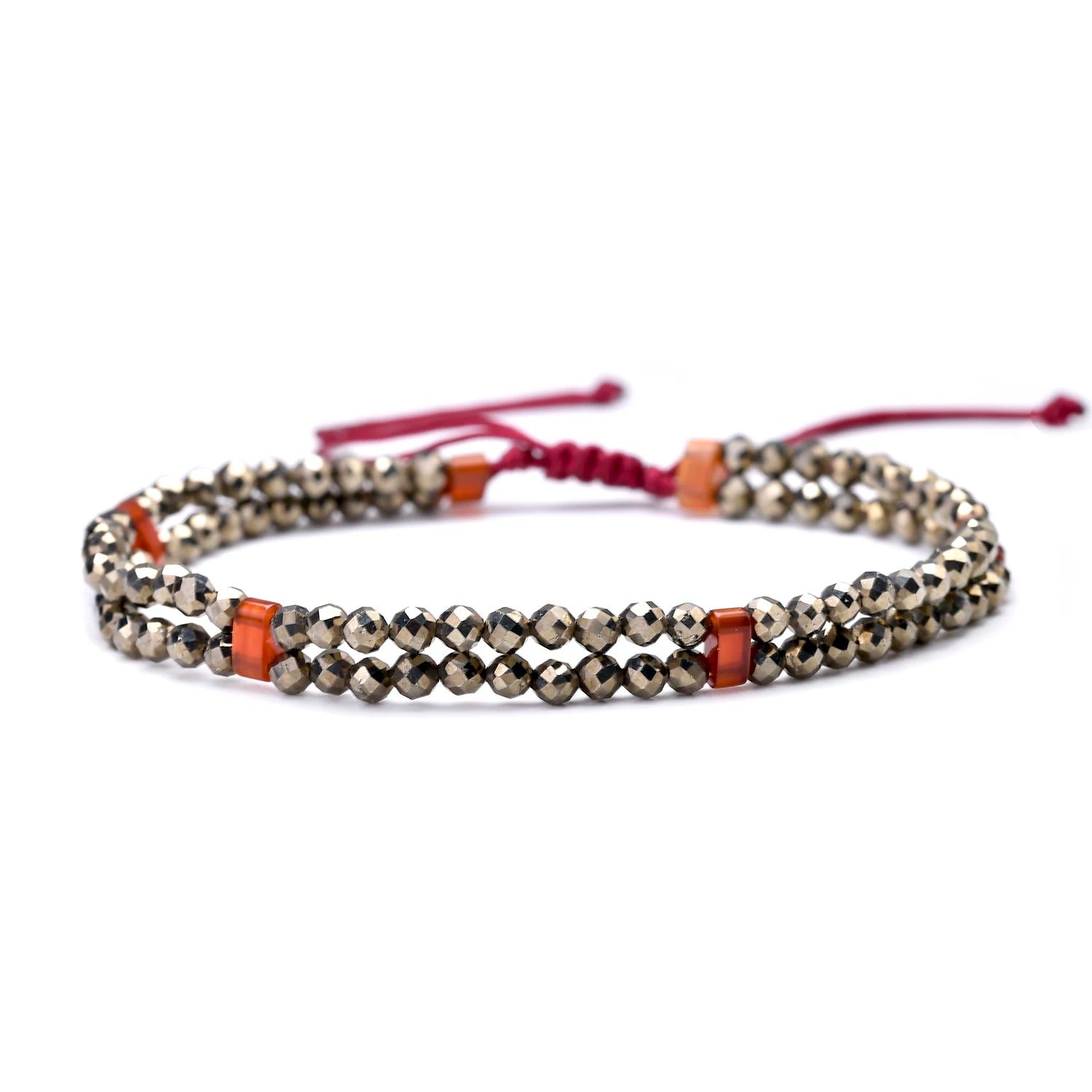 Pyrite Bracelet - Adjustable Double Strand with Red Carnelian