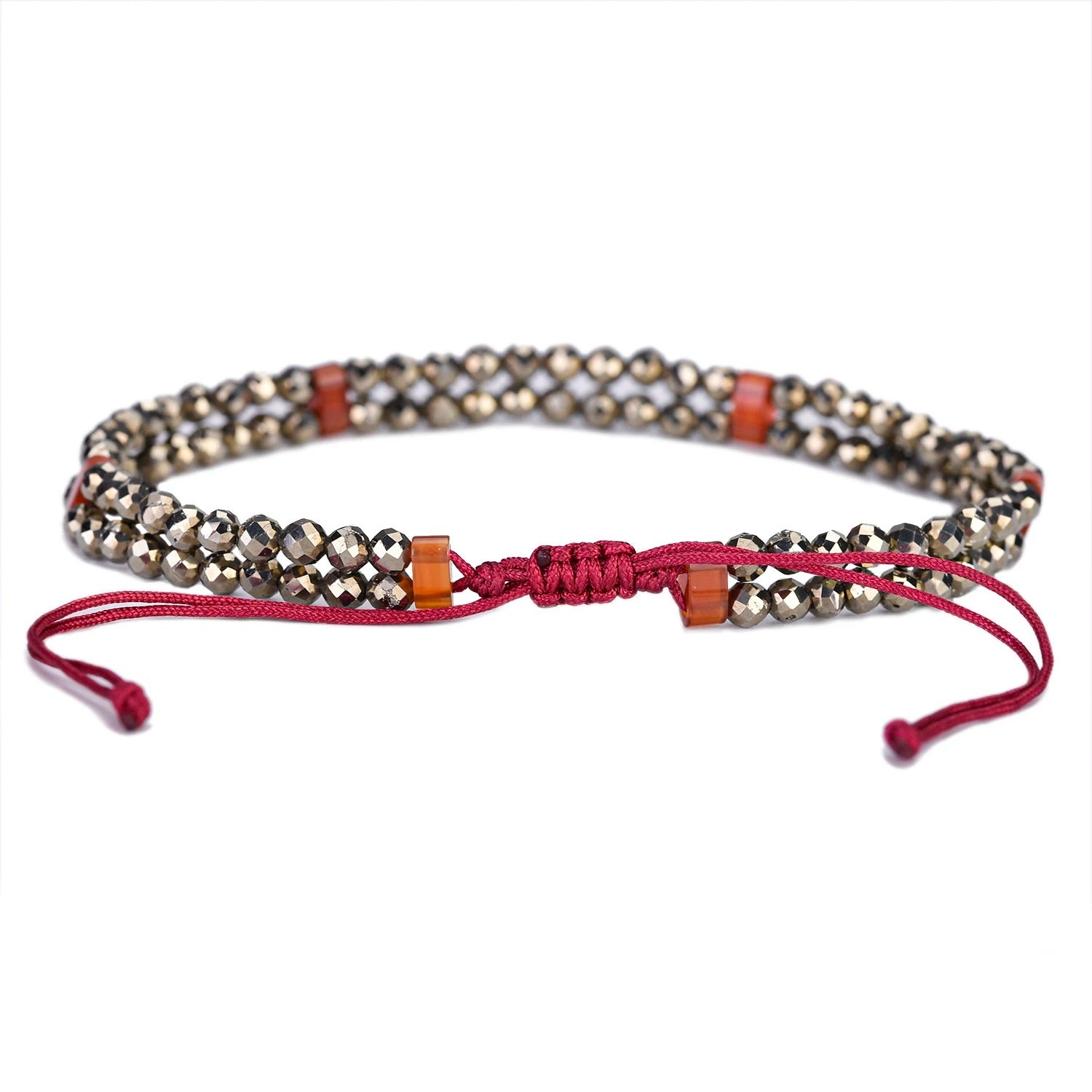 Pyrite Bracelet - Adjustable Double Strand with Red Carnelian