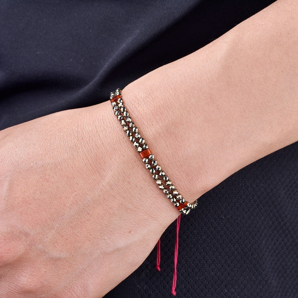 Pyrite Bracelet - Adjustable Double Strand with Red Carnelian