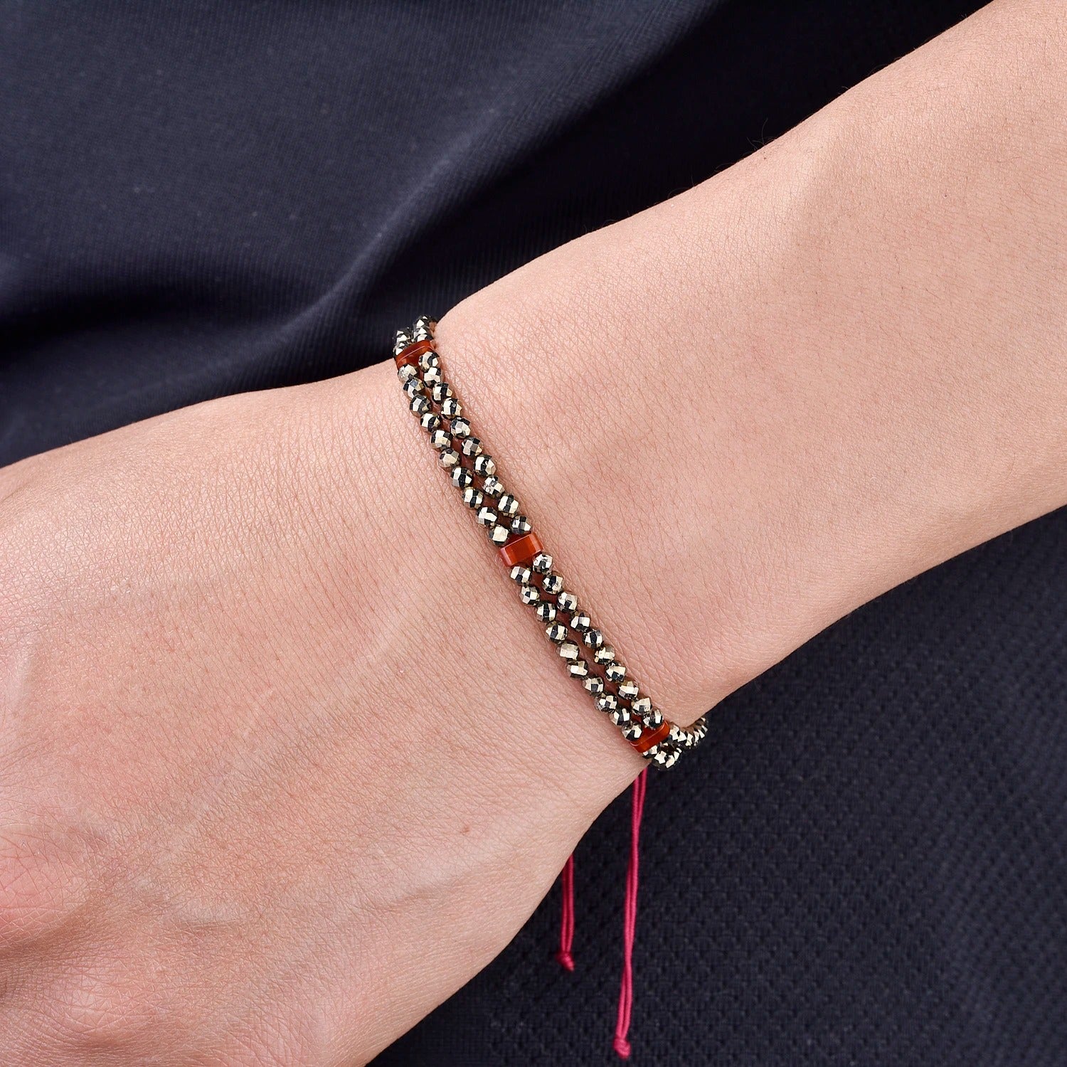 Pyrite Bracelet - Adjustable Double Strand with Red Carnelian