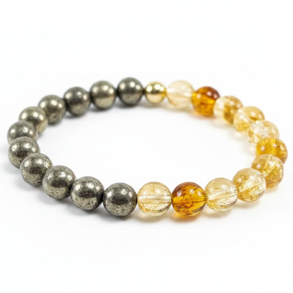 Bracelet with alternating pyrite and yellow crystal citrine beads on a white background