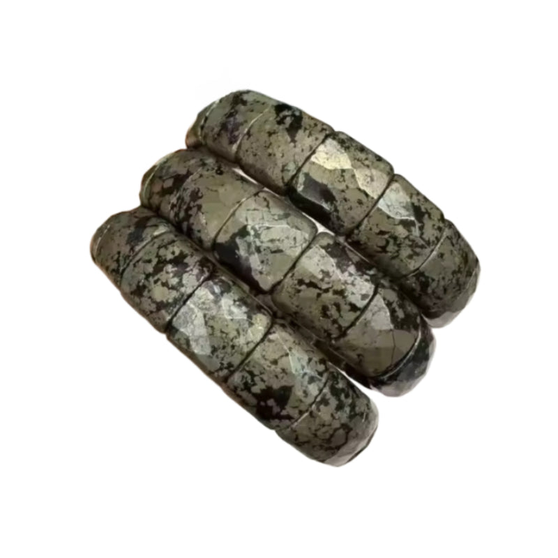 Three faceted pyrite beads bracelets on a white background